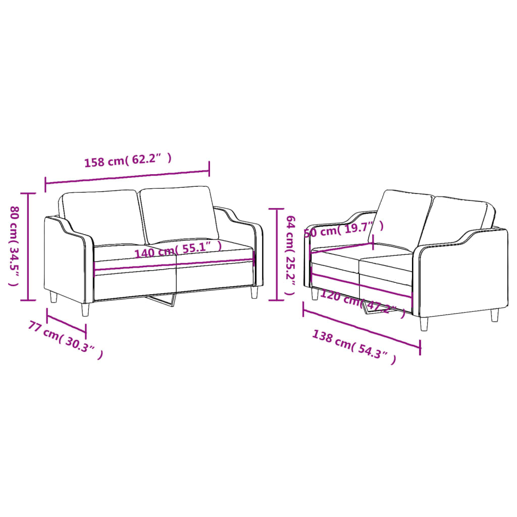 2-dijelni set sofa s jastucima krem od tkanine
