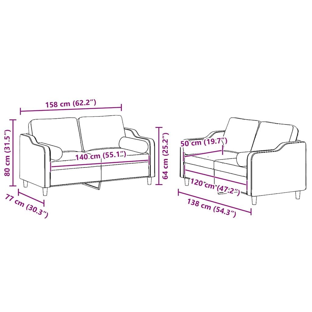 2-dijelni set sofa s jastucima svjetložuti od tkanine