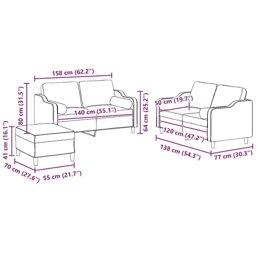 3-dijelni set sofa s jastucima svjetlosivi od tkanine