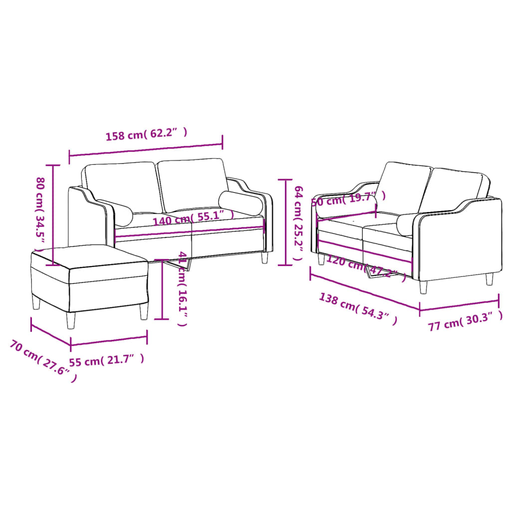 3-dijelni set sofa s jastucima tamnosivi od tkanine