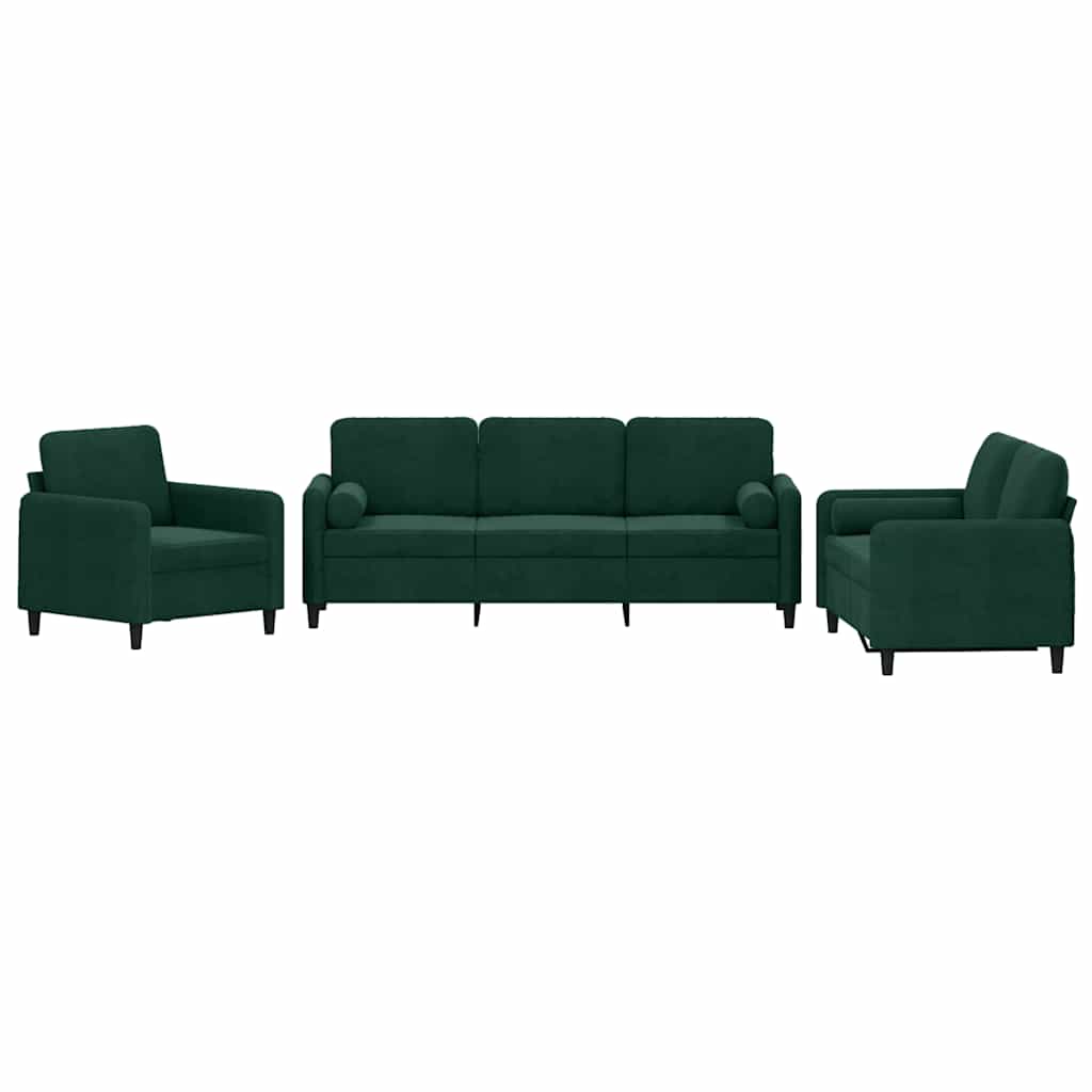 3-dijelni set sofa s jastucima tamnozeleni baršunasti
