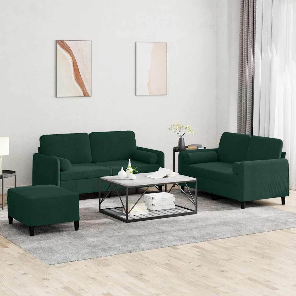 3-dijelni set sofa s jastucima tamnozeleni baršunasti