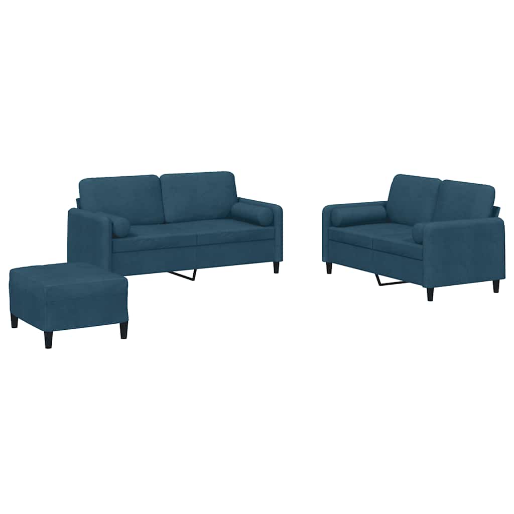 3-dijelni set sofa s jastucima plavi baršunasti