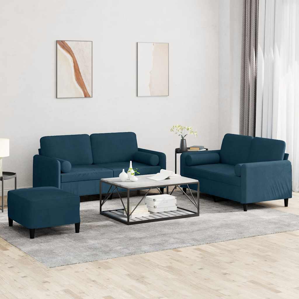 3-dijelni set sofa s jastucima plavi baršunasti