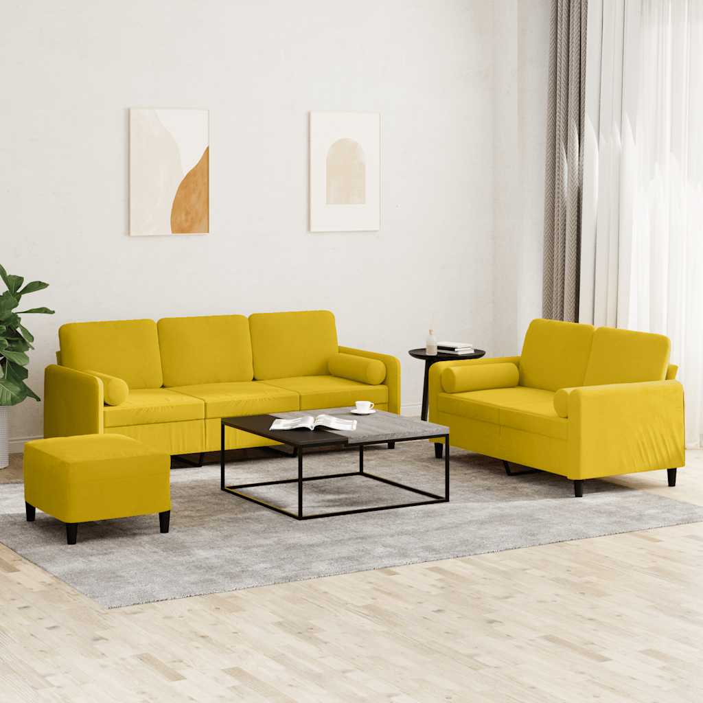 3-dijelni set sofa s jastucima žuti baršunasti