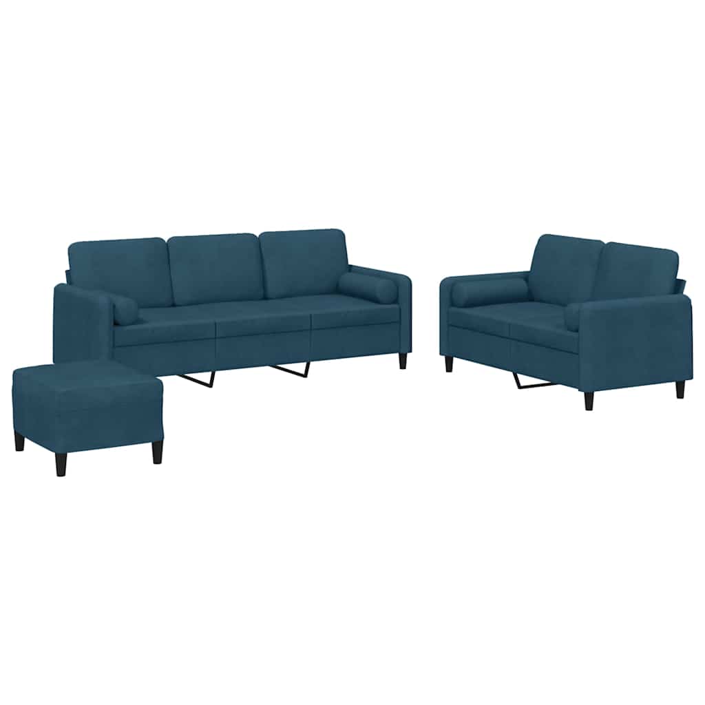 3-dijelni set sofa s jastucima plavi baršunasti