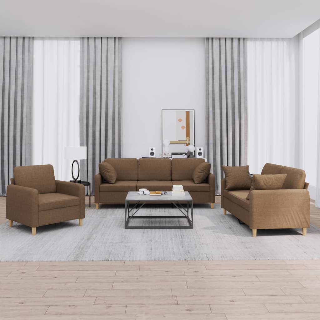 3-dijelni set sofa s jastucima smeđi od tkanine