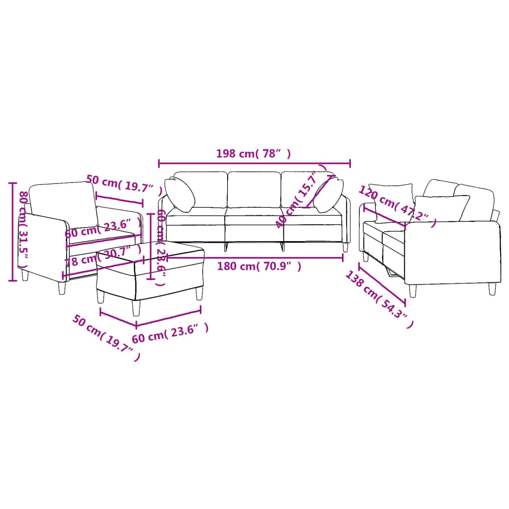 4-dijelni set sofa s jastucima krem od tkanine