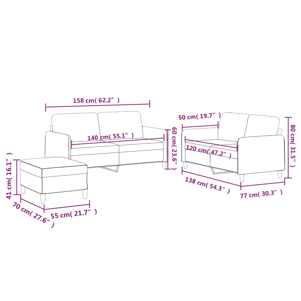 3-dijelni set sofa s jastucima crni od tkanine