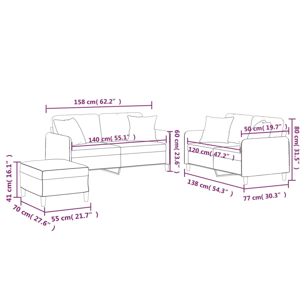 3-dijelni set sofa s jastucima smeđesivi od tkanine