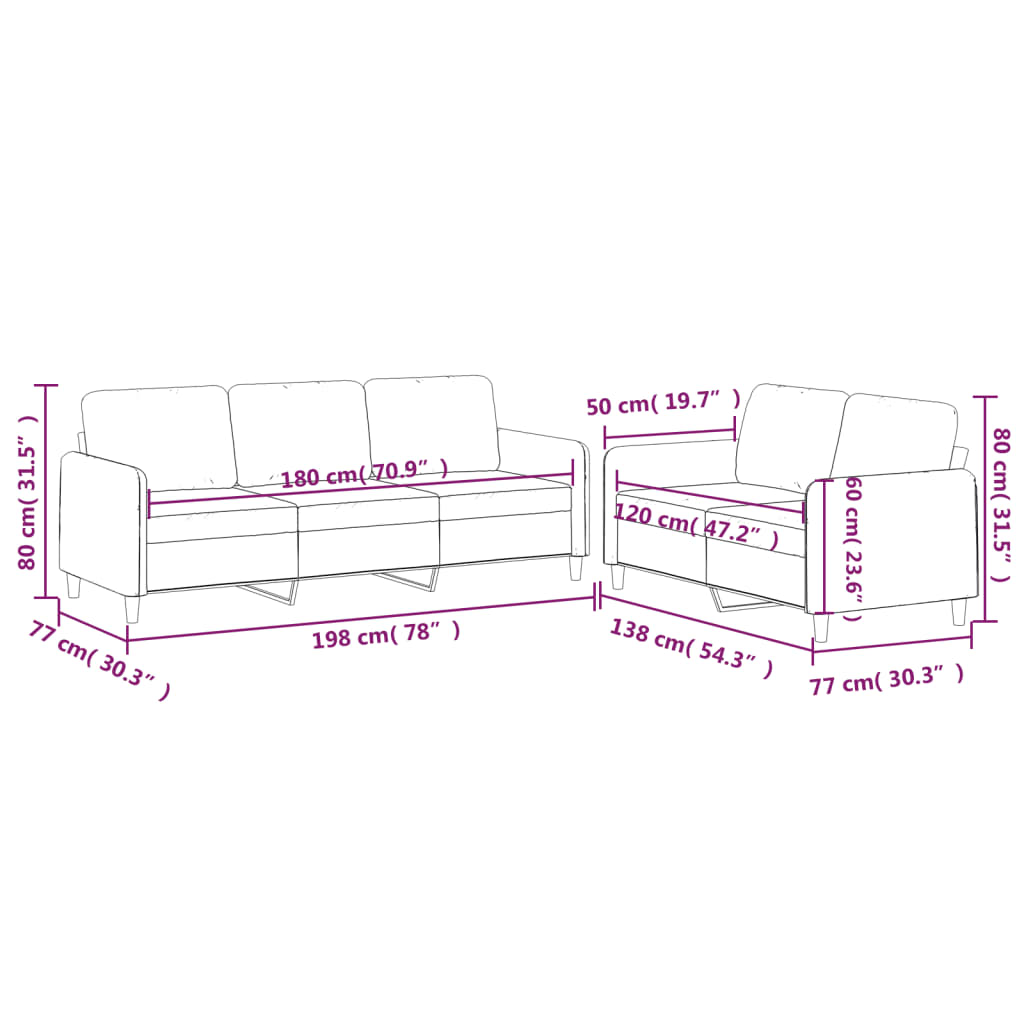 2-dijelni set sofa s jastucima krem od tkanine
