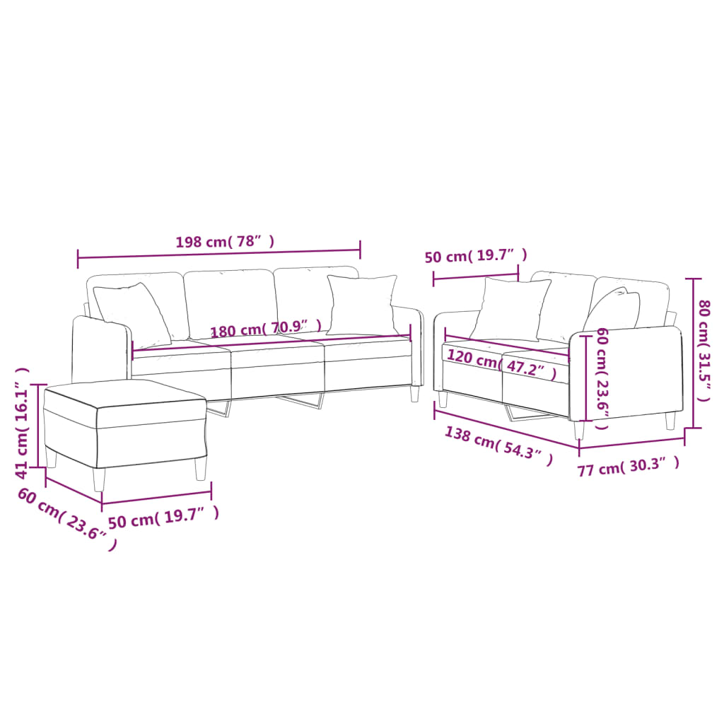 3-dijelni set sofa s jastucima svjetlosivi od tkanine
