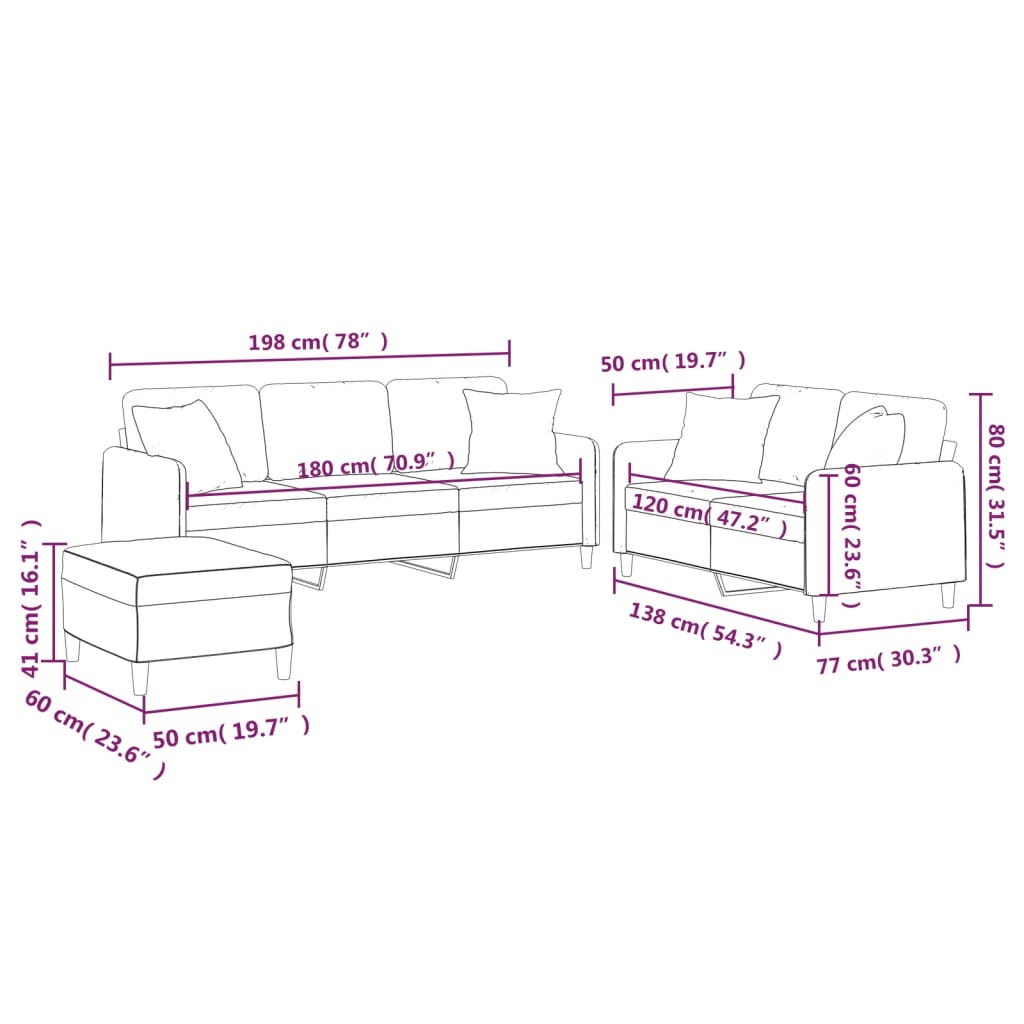 3-dijelni set sofa s jastucima smeđesivi od tkanine