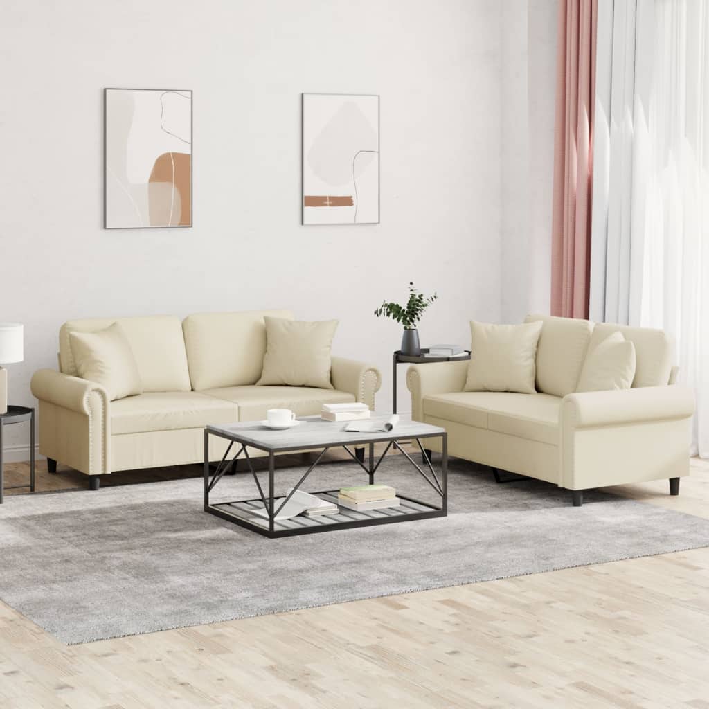2-dijelni set sofa s jastucima krem od umjetne kože