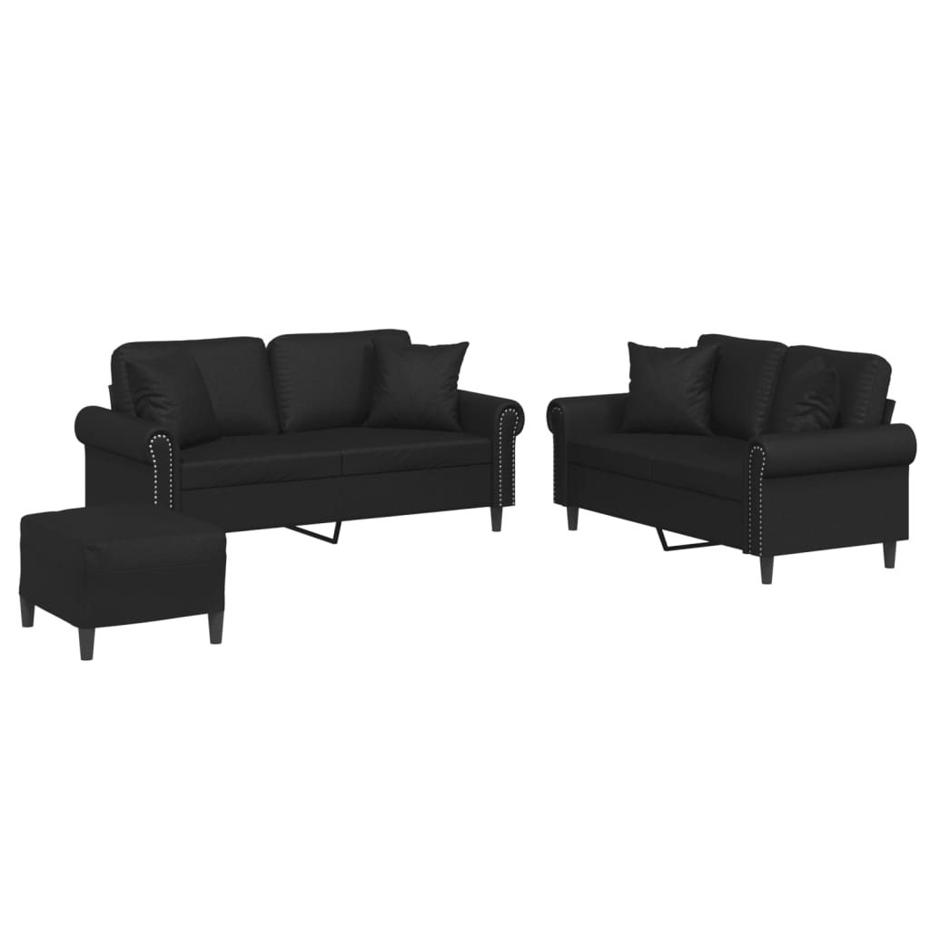 3-dijelni set sofa s jastucima crna od umjetne kože