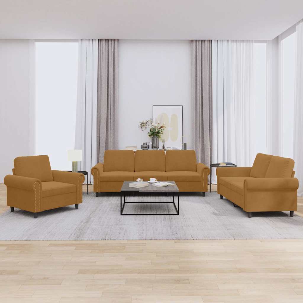 3-dijelni set sofa s jastucima smeđi baršunasti