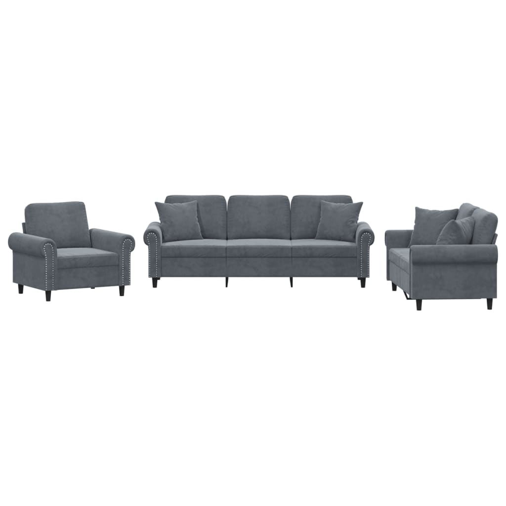 3-dijelni set sofa s jastucima tamnosivi baršunasti