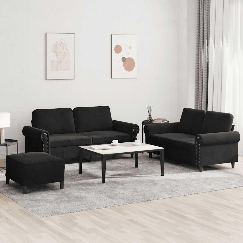 3-dijelni set sofa s jastucima crni baršunasti