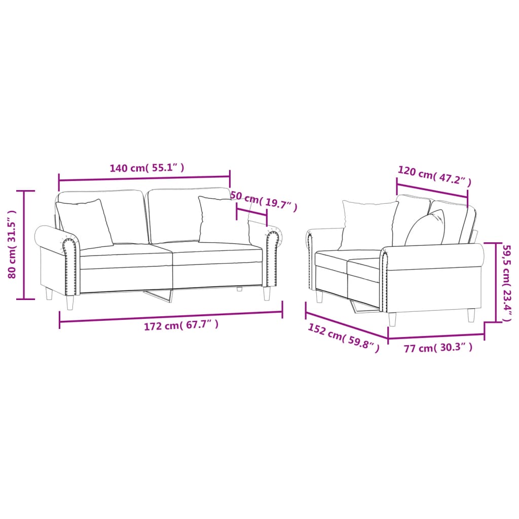 2-dijelni set sofa s jastucima svjetlosivi baršunasti