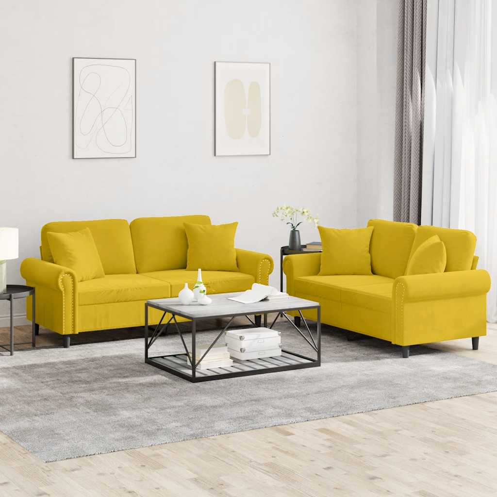 2-dijelni set sofa s jastucima žuti baršunasti