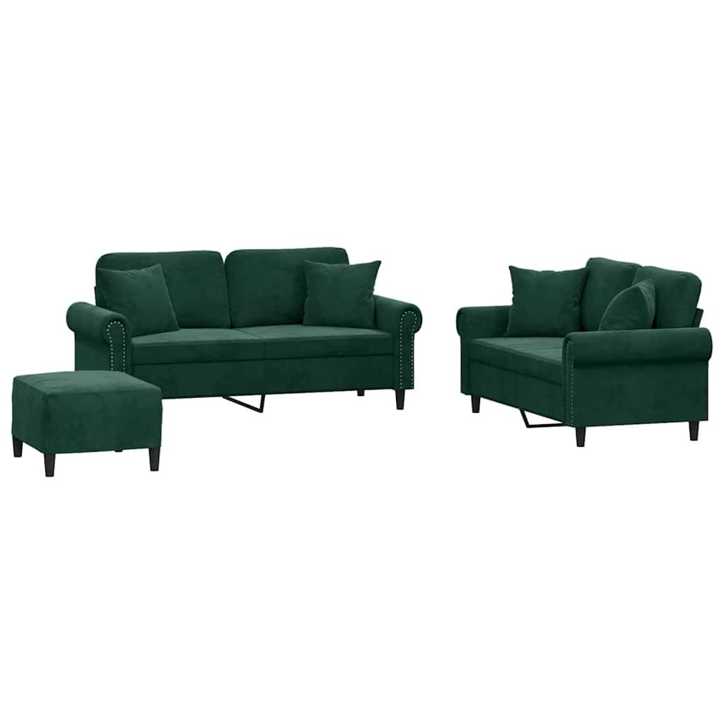 3-dijelni set sofa s jastucima tamnozeleni baršunasti