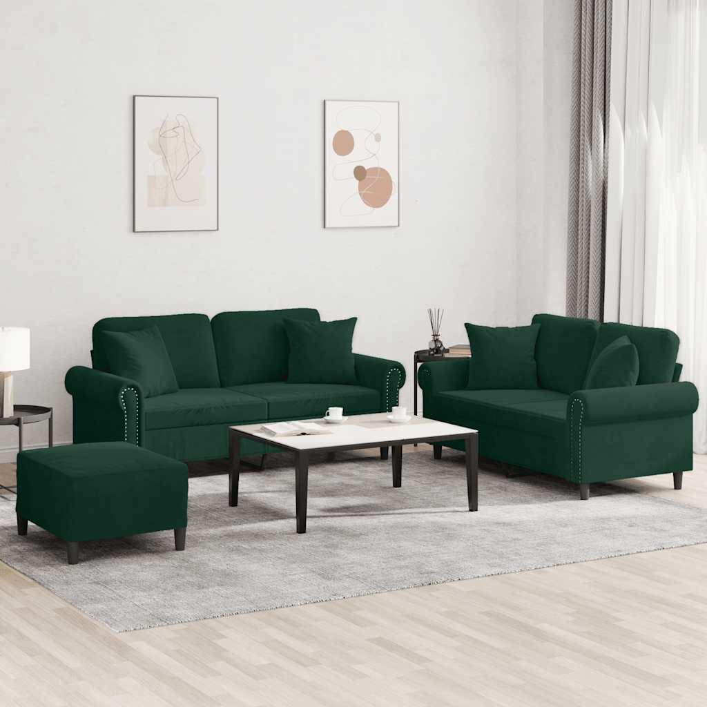 3-dijelni set sofa s jastucima tamnozeleni baršunasti