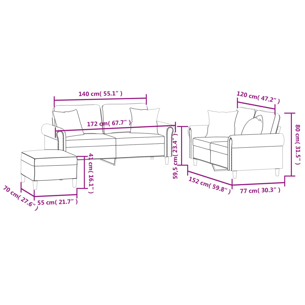 3-dijelni set sofa s jastucima ružičasti baršunasti