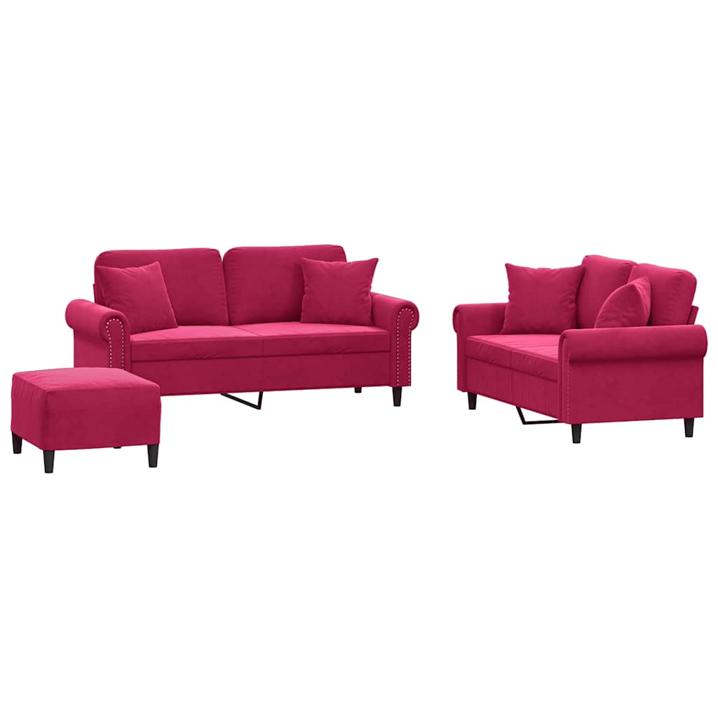 3-dijelni set sofa s jastucima crvena boja vina baršunasti