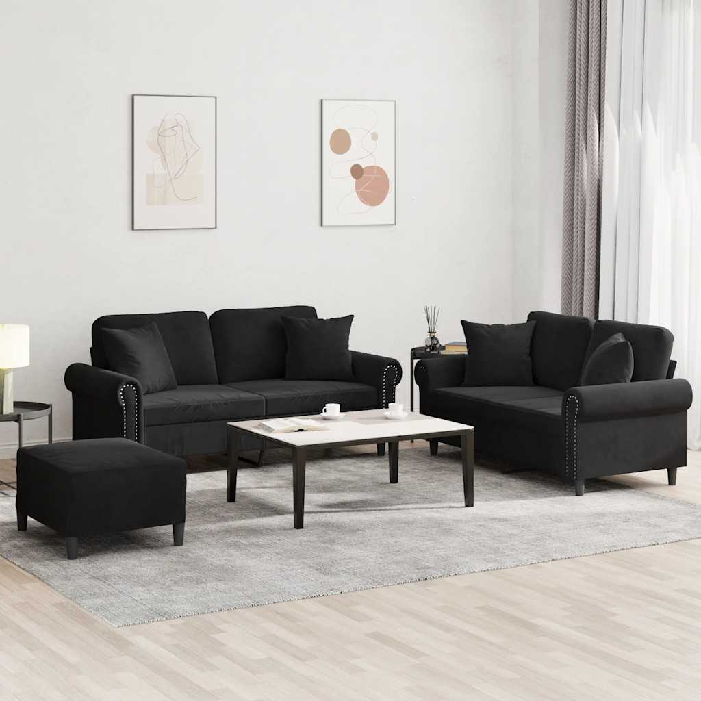 3-dijelni set sofa s jastucima crni baršunasti