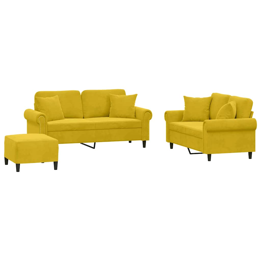 3-dijelni set sofa s jastucima žuti baršunasti