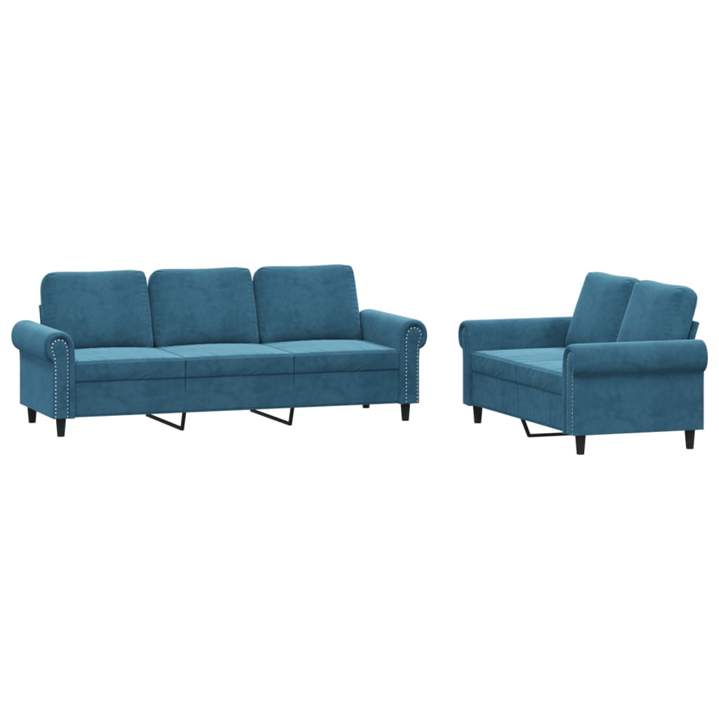 2-dijelni set sofa s jastucima plavi baršunasti