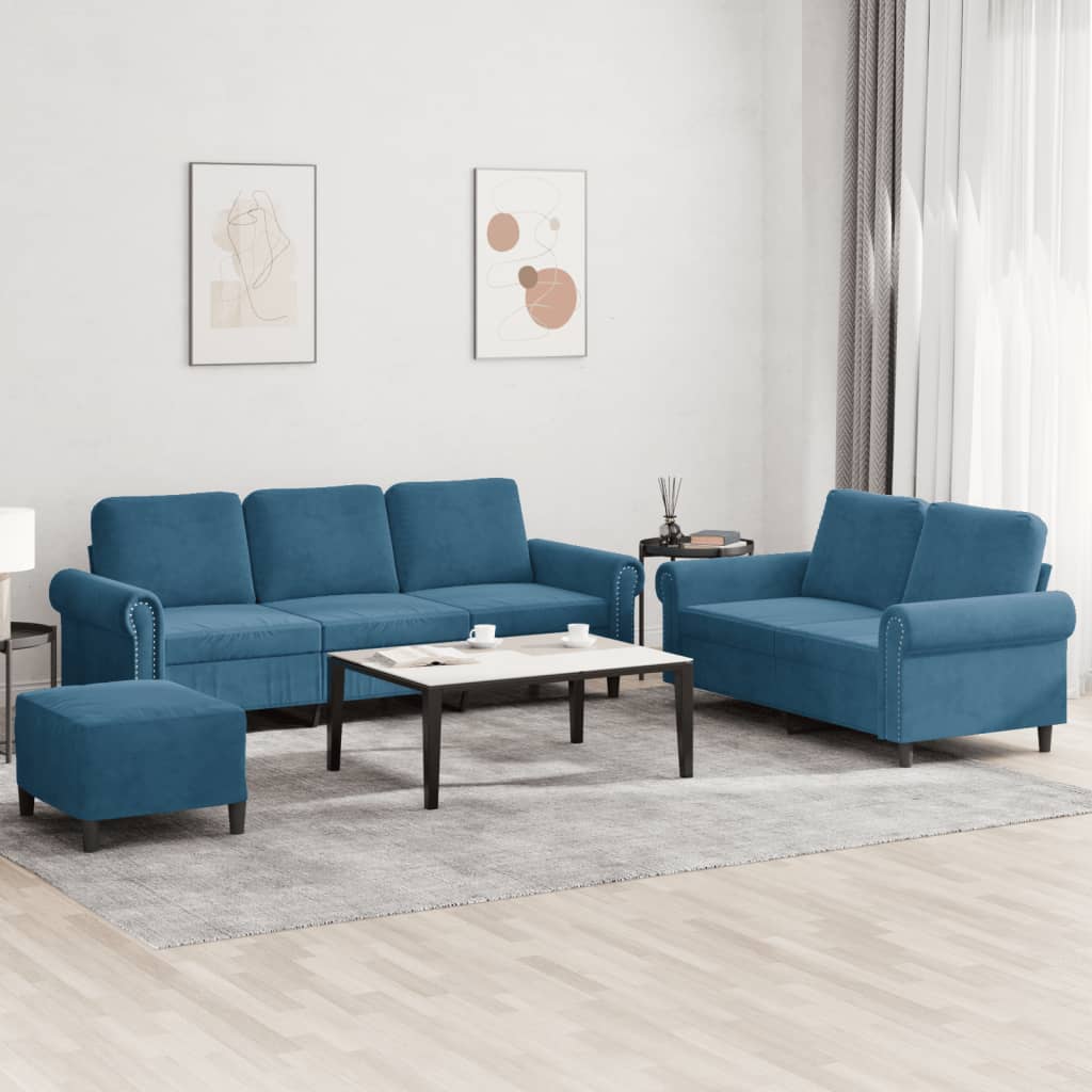 3-dijelni set sofa s jastucima plavi baršunasti