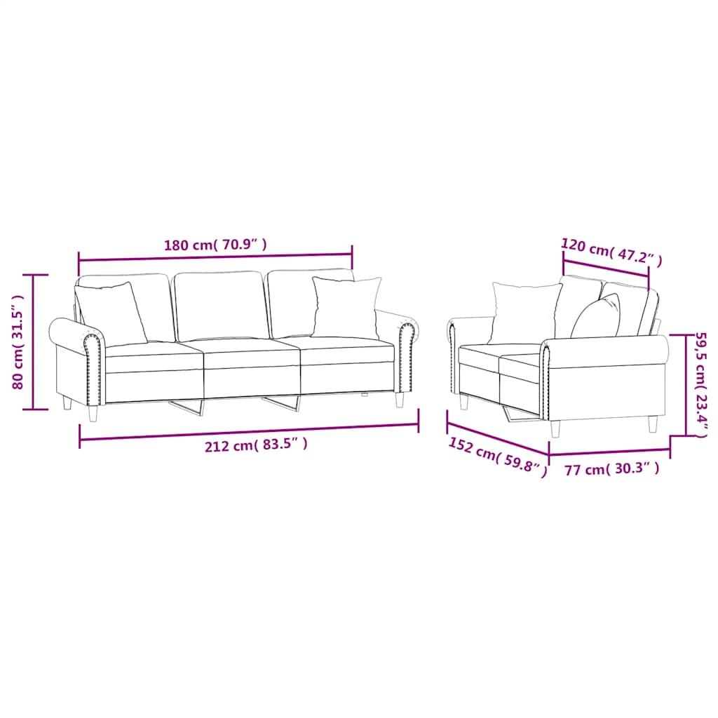 2-dijelni set sofa s jastucima tamnozeleni baršunasti