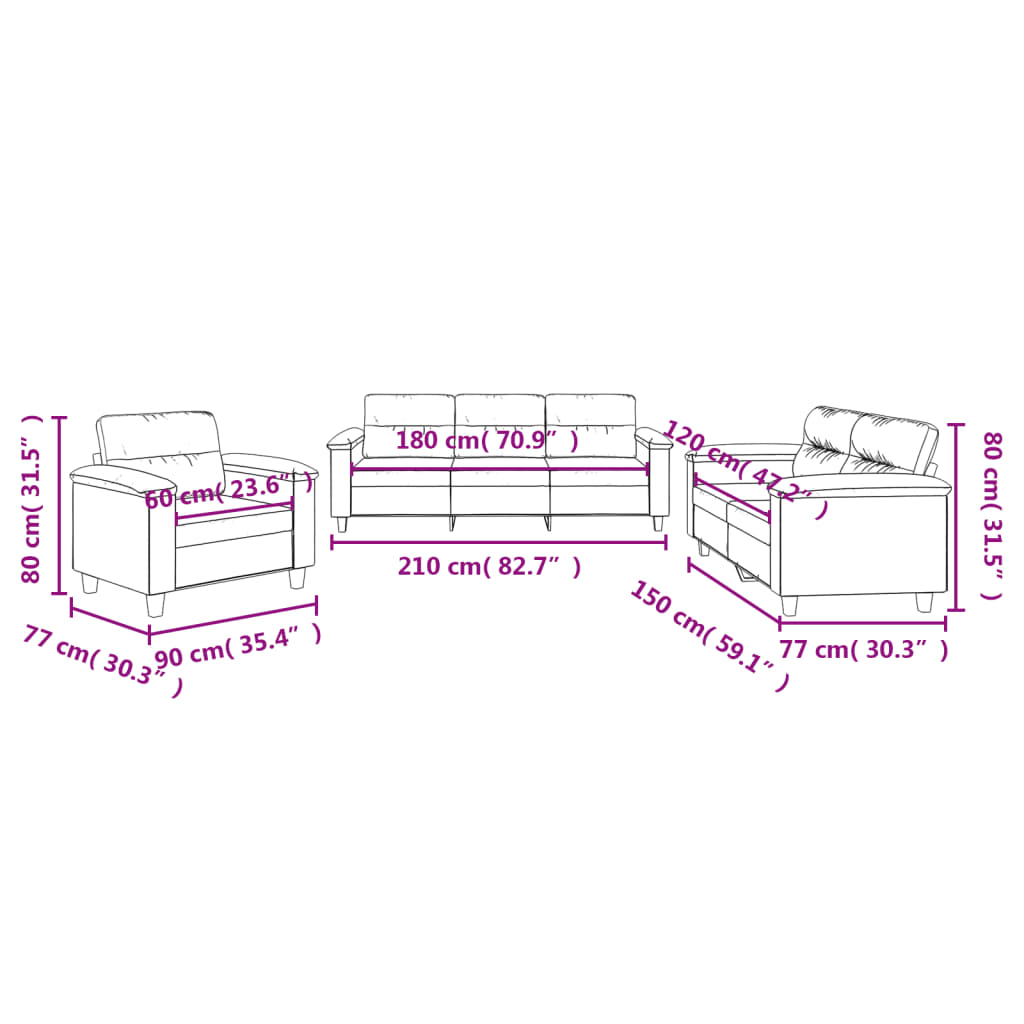 3-dijelni set sofa s jastucima crni od mikrovlakana