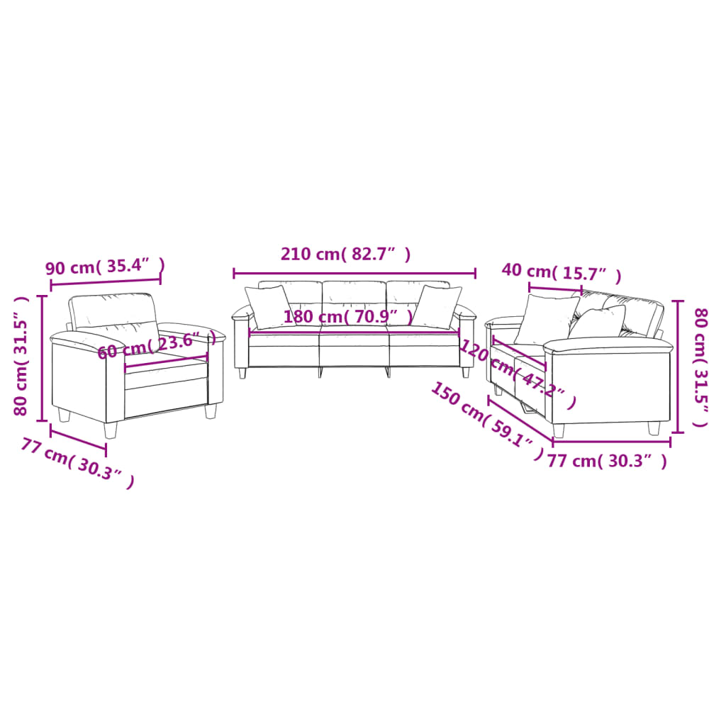 3-dijelni set sofa s jastucima krem od mikrovlakana