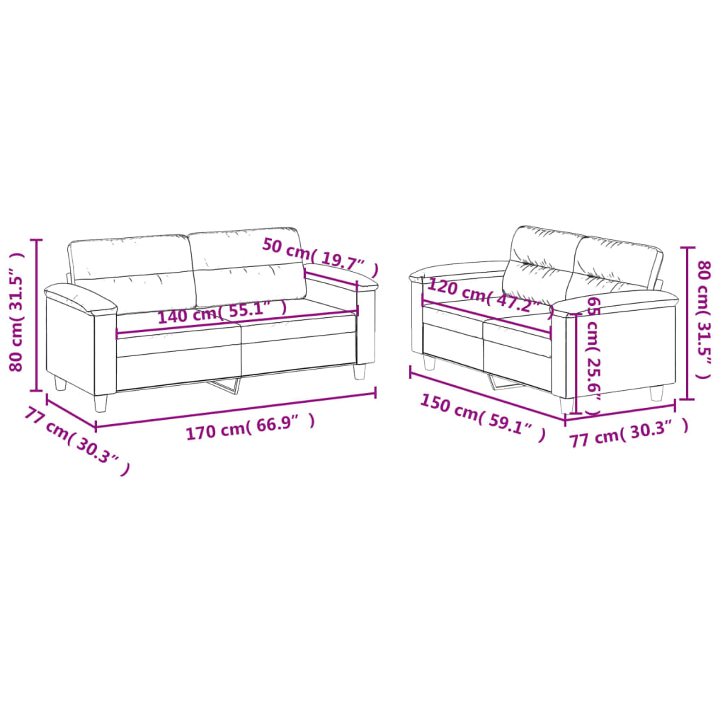 2-dijelni set sofa s jastucima bež od mikrovlakana