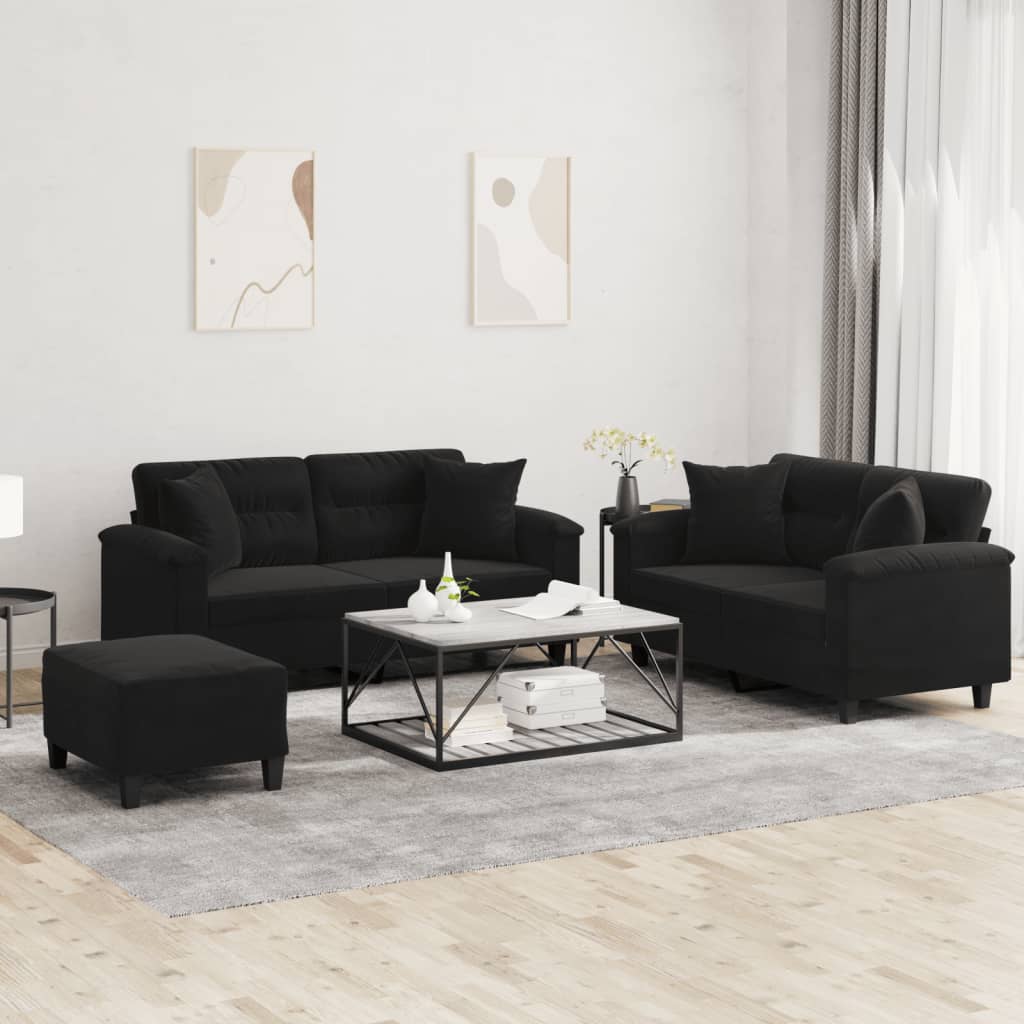 3-dijelni set sofa s jastucima crni od mikrovlakana