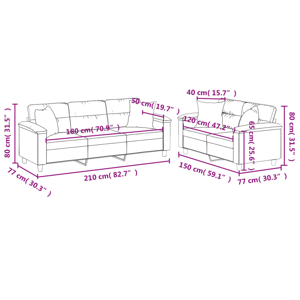 2-dijelni set sofa s jastucima tamnosivi od mikrovlakana