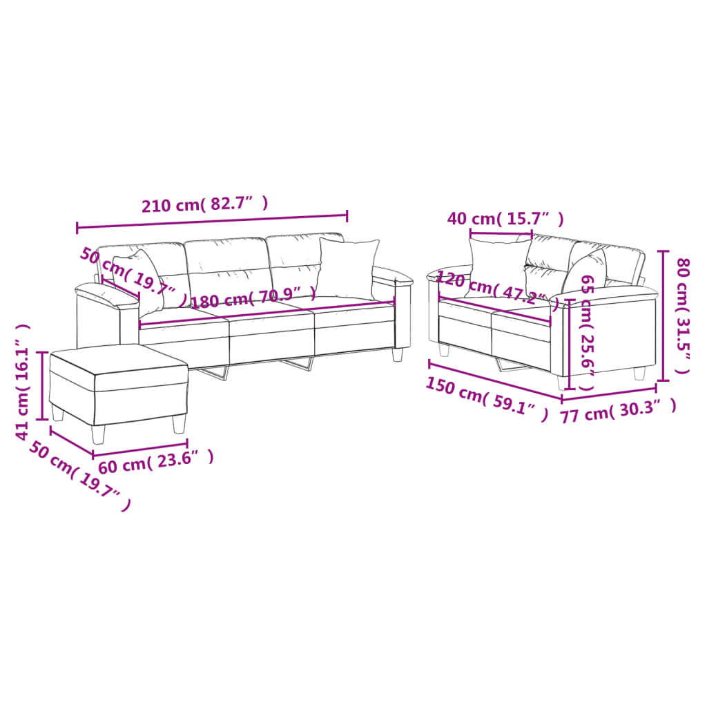 3-dijelni set sofa s jastucima crni od mikrovlakana