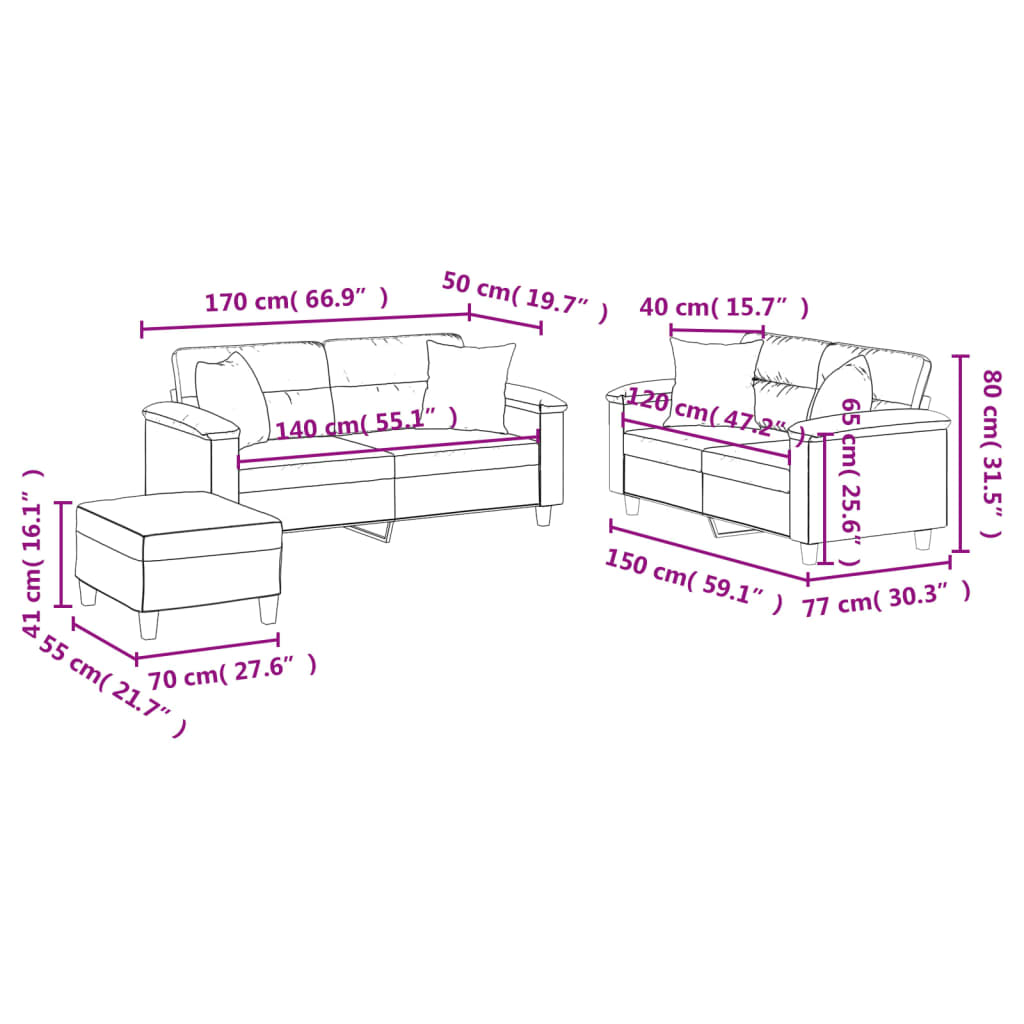 3-dijelni set sofa s jastucima crna od umjetne kože