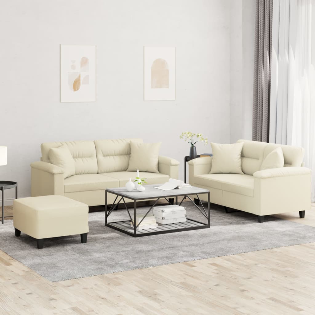 3-dijelni set sofa s jastucima krem od umjetne kože