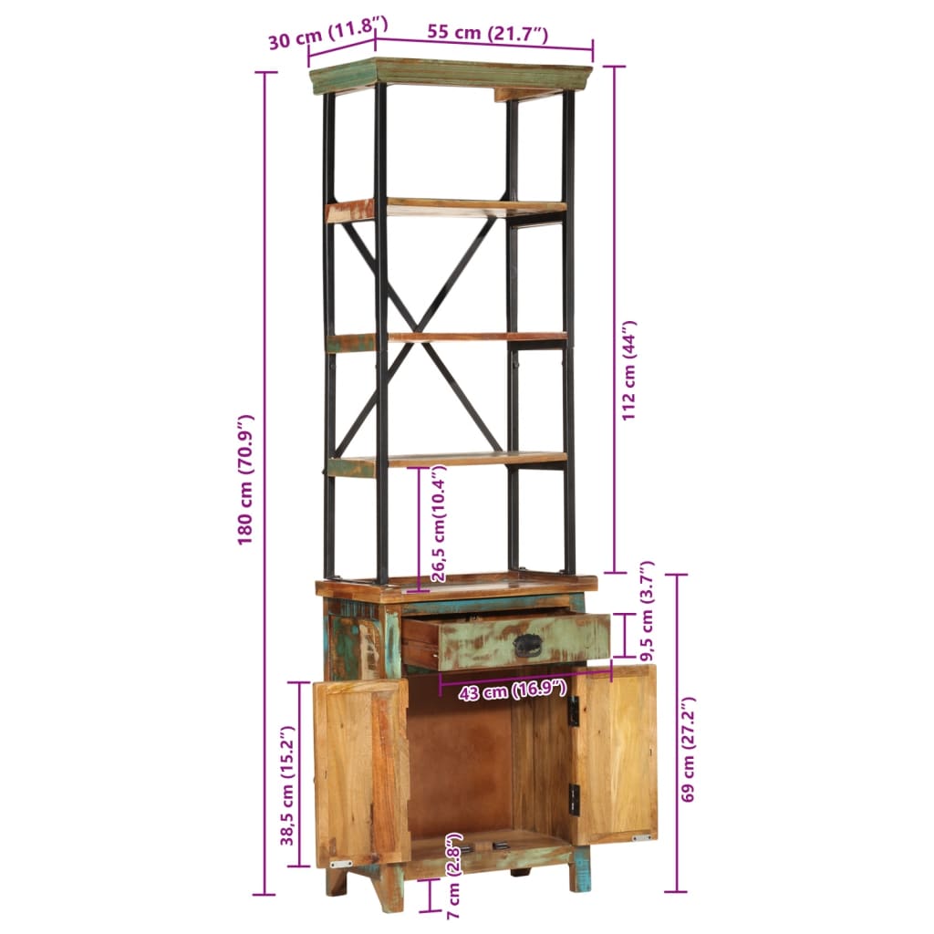 Visoka komoda 55 x 30 x 180 cm od masivnog obnovljenog drva