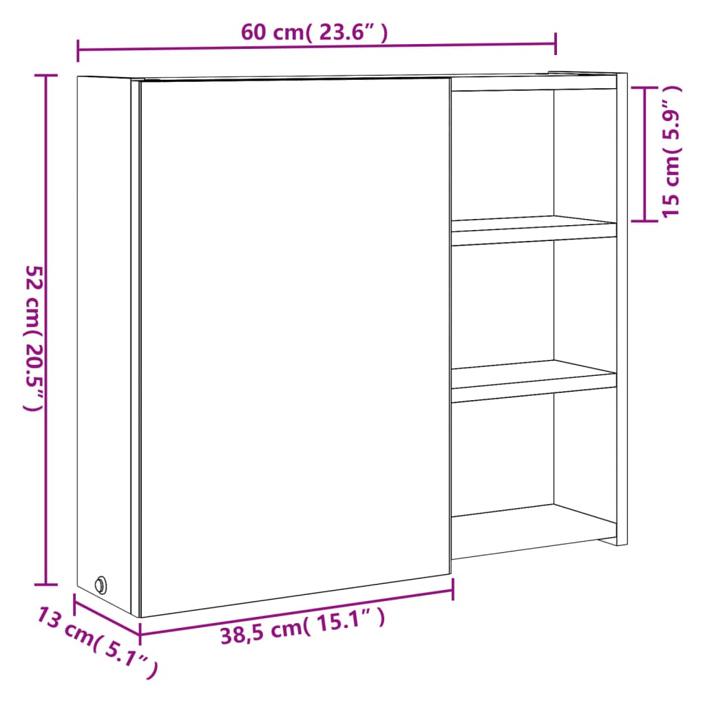 Kupaonski ormarić s ogledalom i LED svjetlom sivi 60x13x52 cm