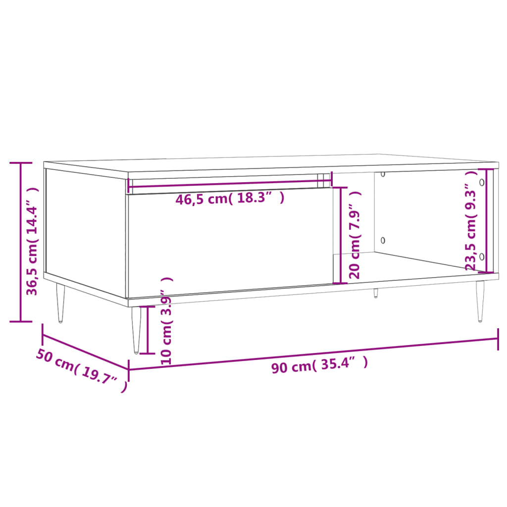 Stolić za kavu bijeli 90 x 50 x 36,5 cm od konstruiranog drva