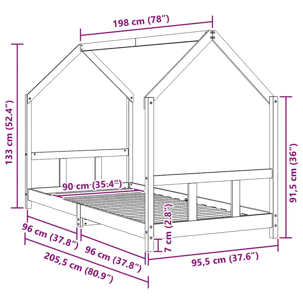 Okvir za dječji krevet bijeli 90 x 200 cm od masivne borovine