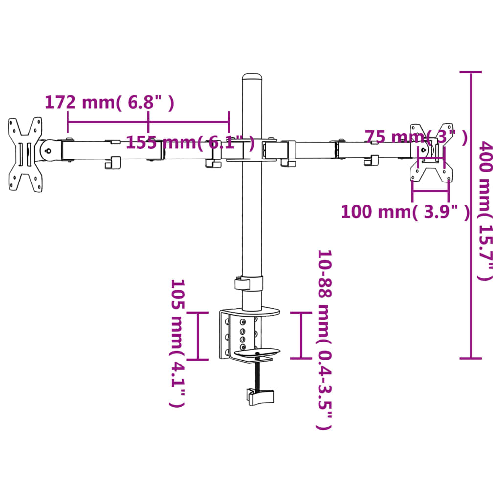 Dvostruki nosač za monitor crni čelični VESA 75/100 mm
