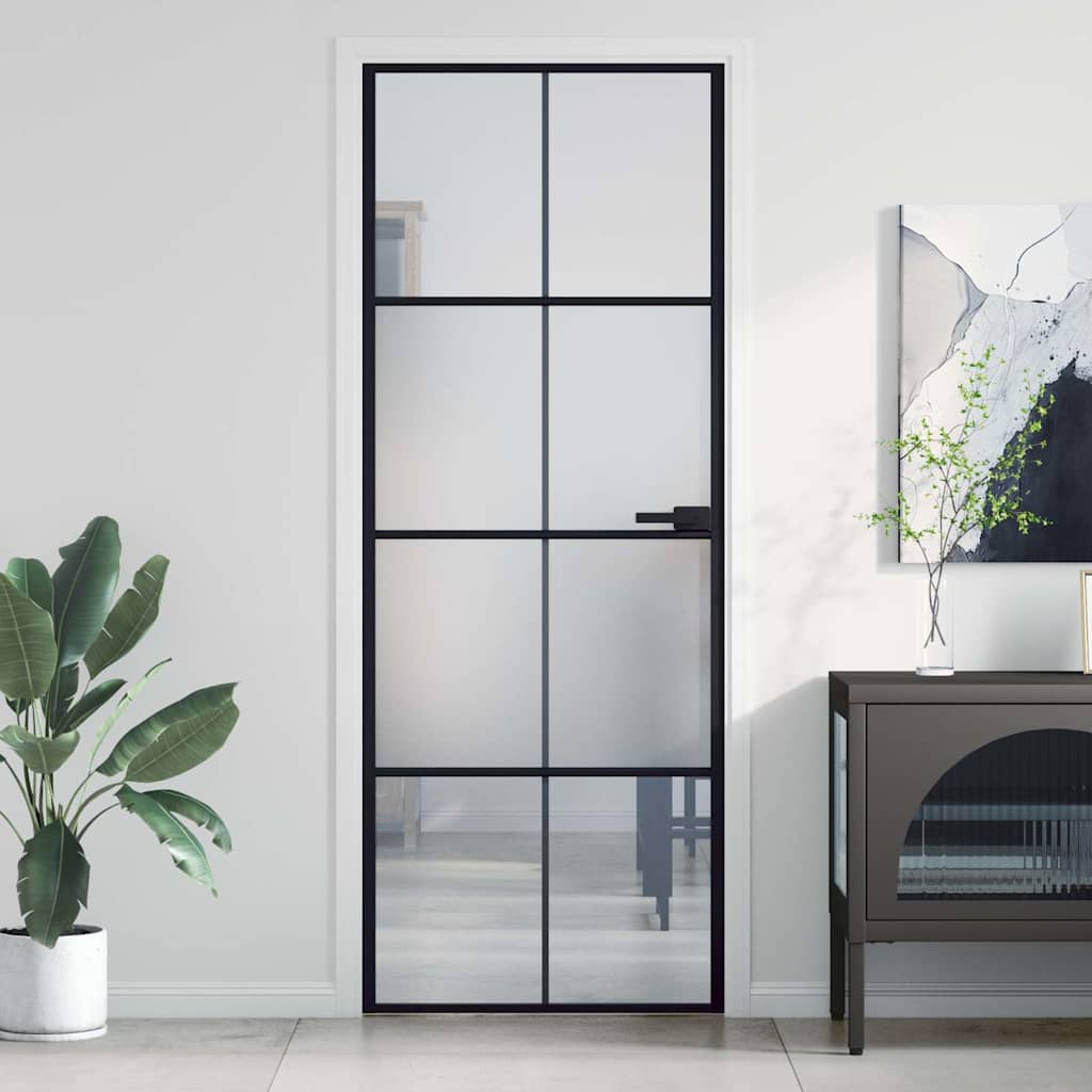 Sobna vrata tanka crna 76 x 201,5 cm kaljeno staklo i aluminij