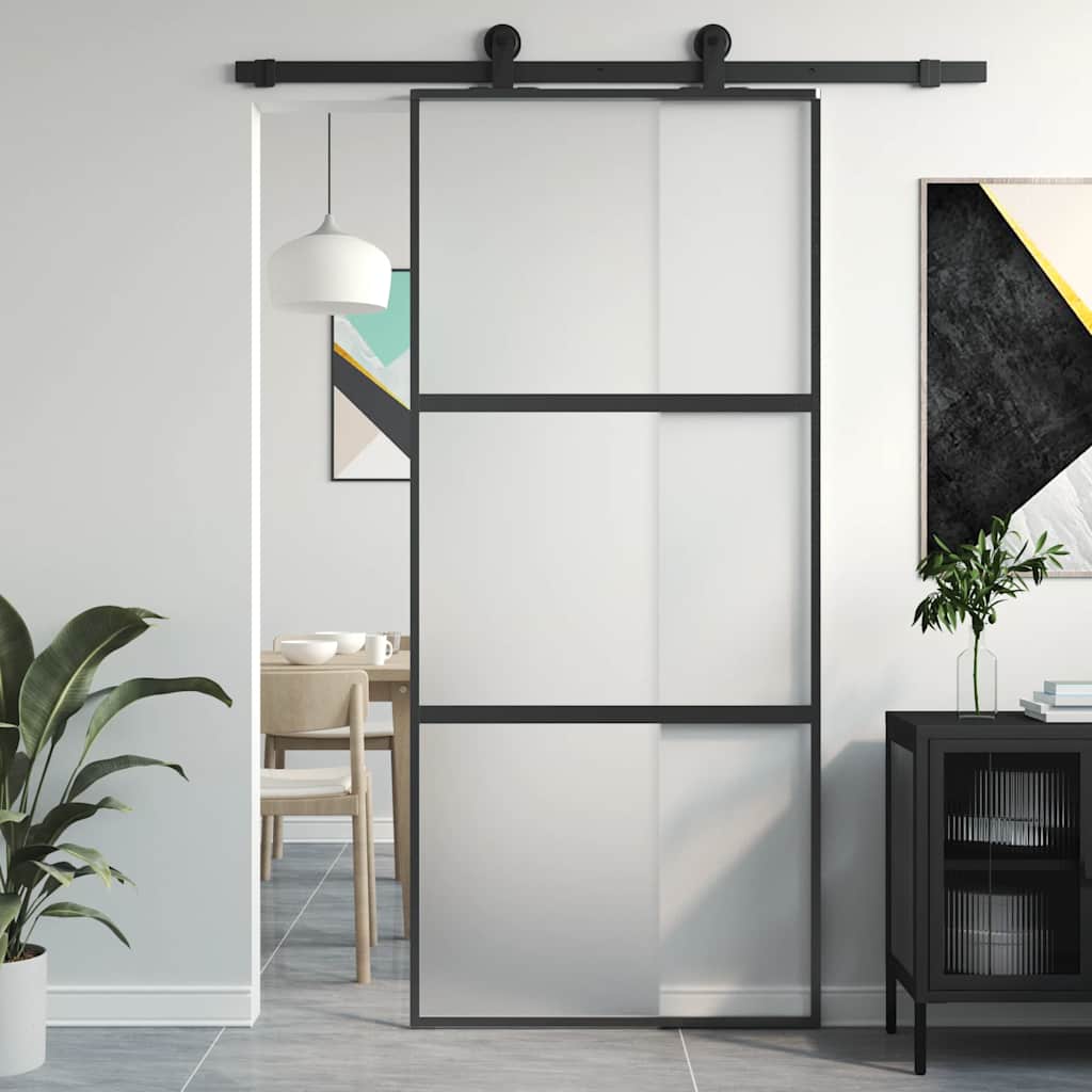 Klizna vrata crna 90 x 205 cm od kaljenog stakla i aluminija