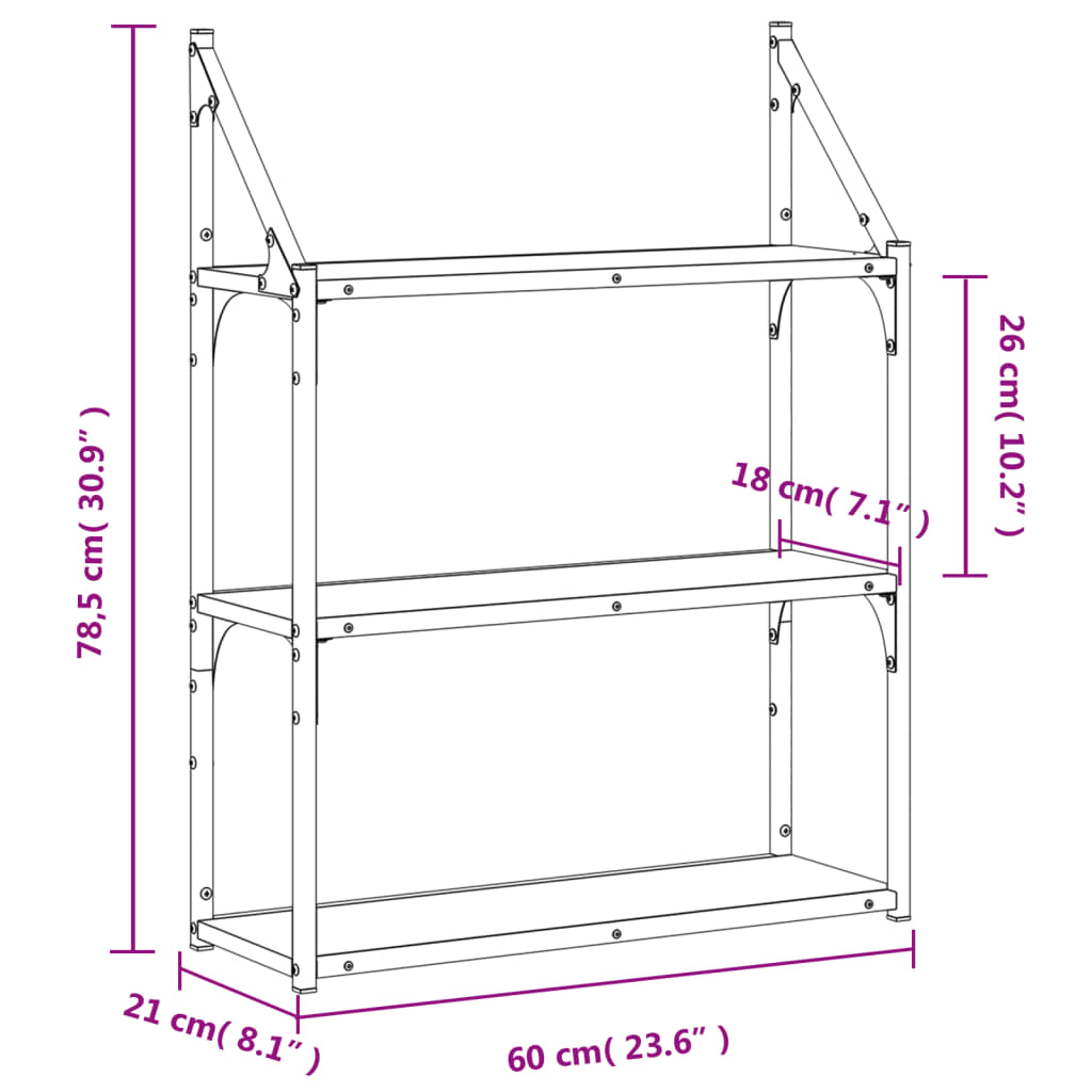 Zidna polica s 3 razine sivog hrasta sonome 60x21x78,5cm drvena