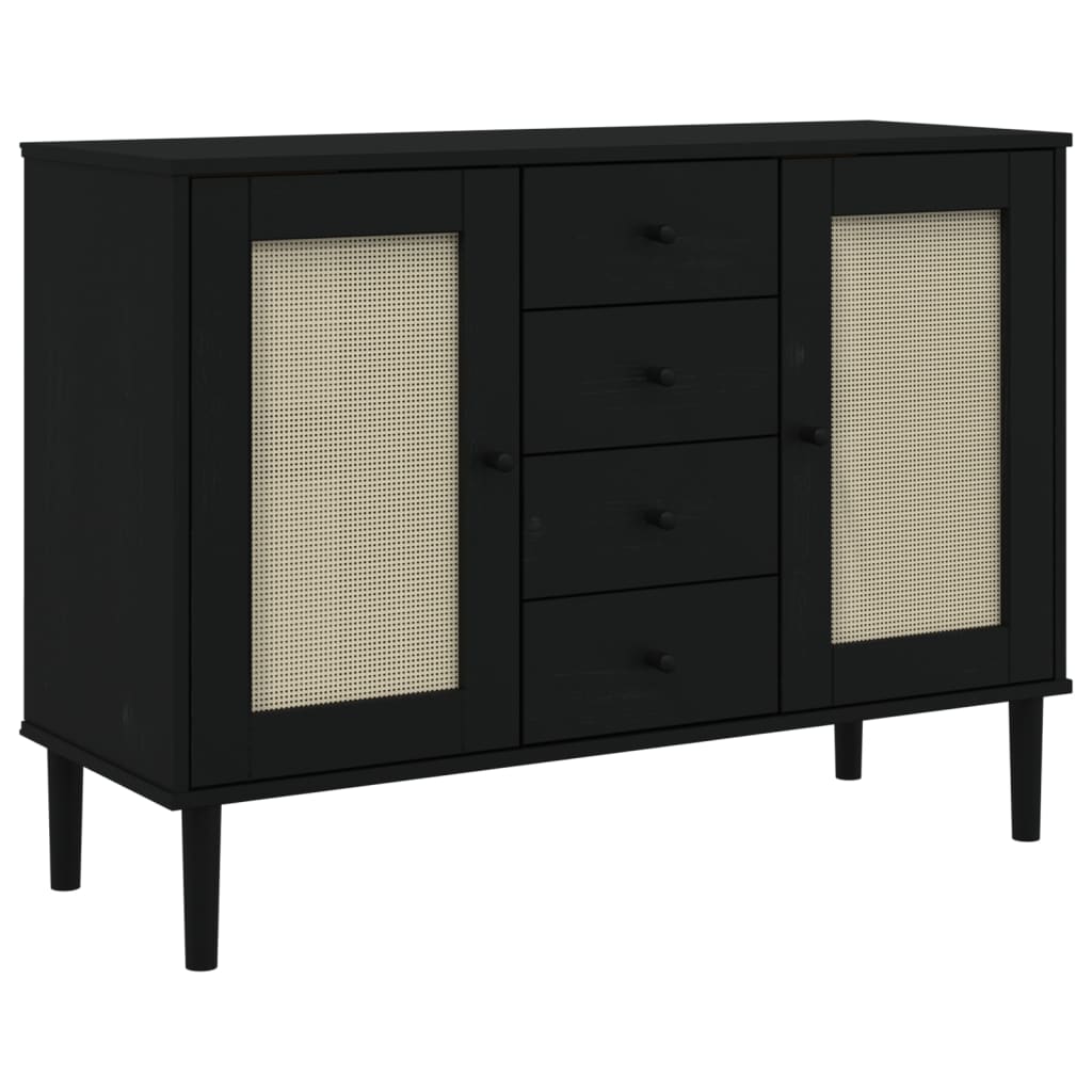 Komoda SENJA crna izgled ratana 112x40x80 cm masivna borovina
